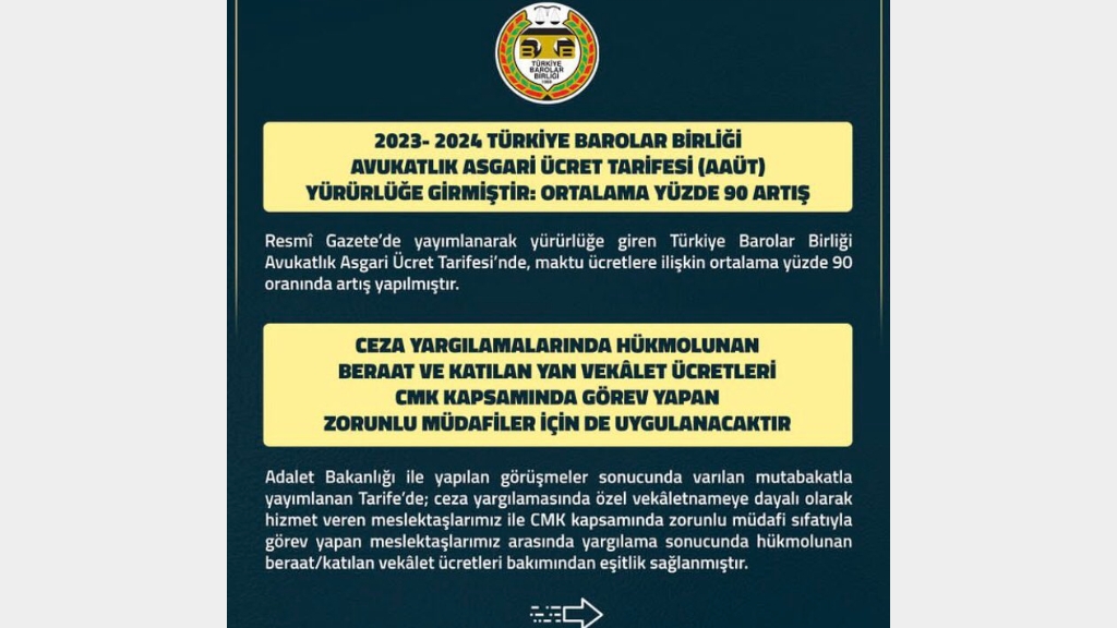 2023 – 2024 Türkiye Barolar Birliği Avukatlık Asgari Ücret Tarifesi ( AAÜT ) Yürürlüğe Girmiştir: 